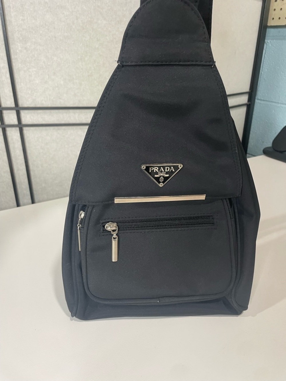 Minimalist Black Nylon Sling Bag| Crossbody Chest Pack With Silver Hardware - Picture 2 of 12